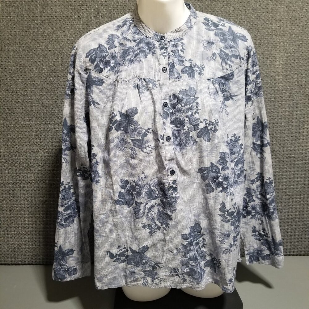 Lucky Brand Blouse Women's Small Gray Blue Floral Long Sleeve